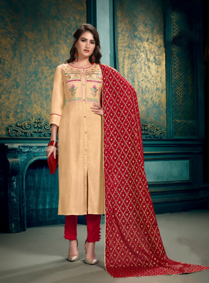 Kurti Suits - Iridescent Beige Embroidered Rayon Kurti with Red Plazzos & Printed Dupatta - Indian Tree 