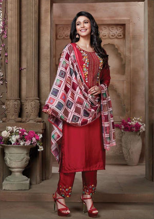 Plazzo Suits - Red Embroidered Kurti, Plazzo's & Multicolour Dupatta - Indian Tree 