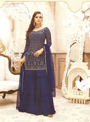 Sharara & Kameez Navy Blue Embroidered Top, Sharara and Dupatta - Indian Tree 