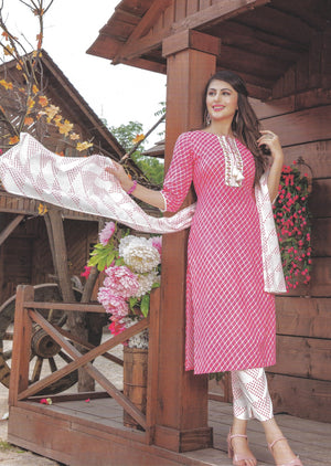 Kurti Suit - Pink & White Printed Cotton Kurti, Plazzos & Dupatta - Indian Tree 