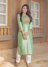 Kurti with Plazzo - Sea Green Ebroidered Kurti & White Lacy Plazzos - Indian Tree 