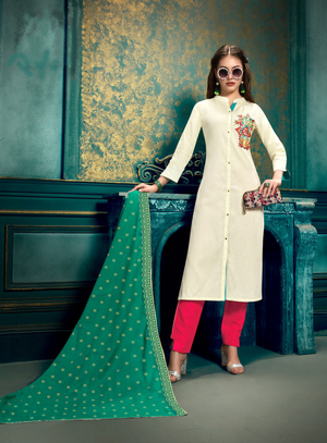Kurti Suits - White Embroidered Rayon Kurti with Red Plazzos & Green Printed Dupatta - Indian Tree 