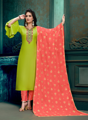 Kurti Suits - Lime Green Embroidered Rayon Kurti with Orange Plazzos & Printed Dupatta - Indian Tree 