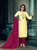 Kurti Suits - Soft Yellow Embroidered Rayon Kurti with Dark Red Plazzos & Printed Dupatta - Indian Tree 