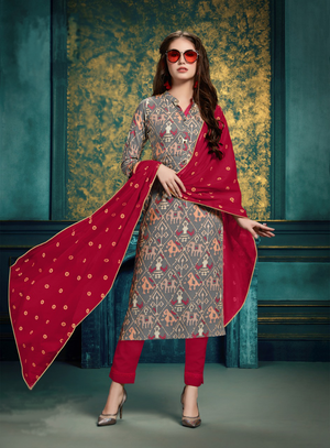 Kurti Suits - Multicolour Printed Cotton Kurti with Contrasting Red Plazzos & Dupatta - Indian Tree 