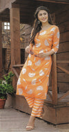 Kurti with Plazzo - Orange & White Block Print Kurti & Striped Plazzo - Indian Tree 