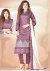 Kurti Suits - Purple Embroidered Silk Kurti with Purple Plazzos & Ivory & Purple Dupatta - Indian Tree 