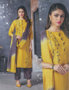 Salwar Kameez - Mustard Embellished Kurti, Dark Taupe Pants & Dupatta
