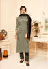 Salwar Kameez - Olive Embroidered Kurti, Black Pants & Stole