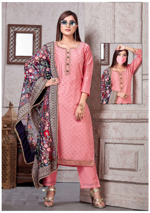 Salwar Kameez Suits - Pink Embroidered Shirt, Plazzo and Multi-coloured Embroidered Dupatta - Indian Tree 