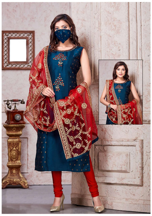 Salwar Kameez Suits - Royal Blue Embroidered Sleeveless Shirt, Plain Red Churidar & Embroidered Red Dupatta - Indian Tree 